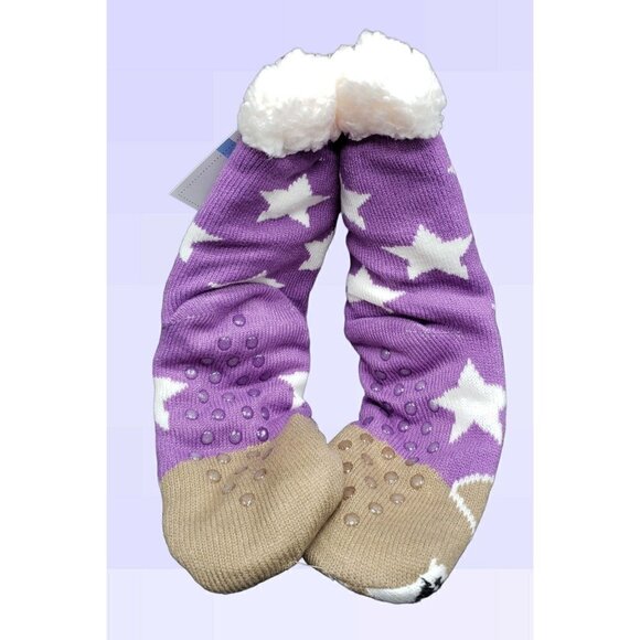 NWT Puppy Dog Slipper Socks Sherpa Lined No Slip Grips Cushioned One Size Purple - Picture 3 of 4
